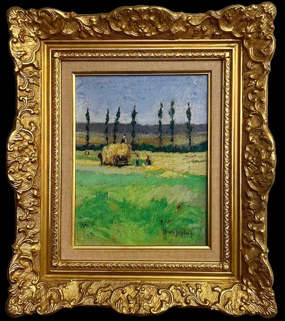 Figurative Painting de Henri Schluck (1920-2007) - Óleo Impresionista Francés Firmado Trabajadores de la Cosecha Cargando un Carro de Heno en el Campo