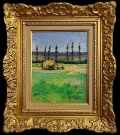 French Impressionist Signed Oil Harvest Workers Loading Hay Cart in Field