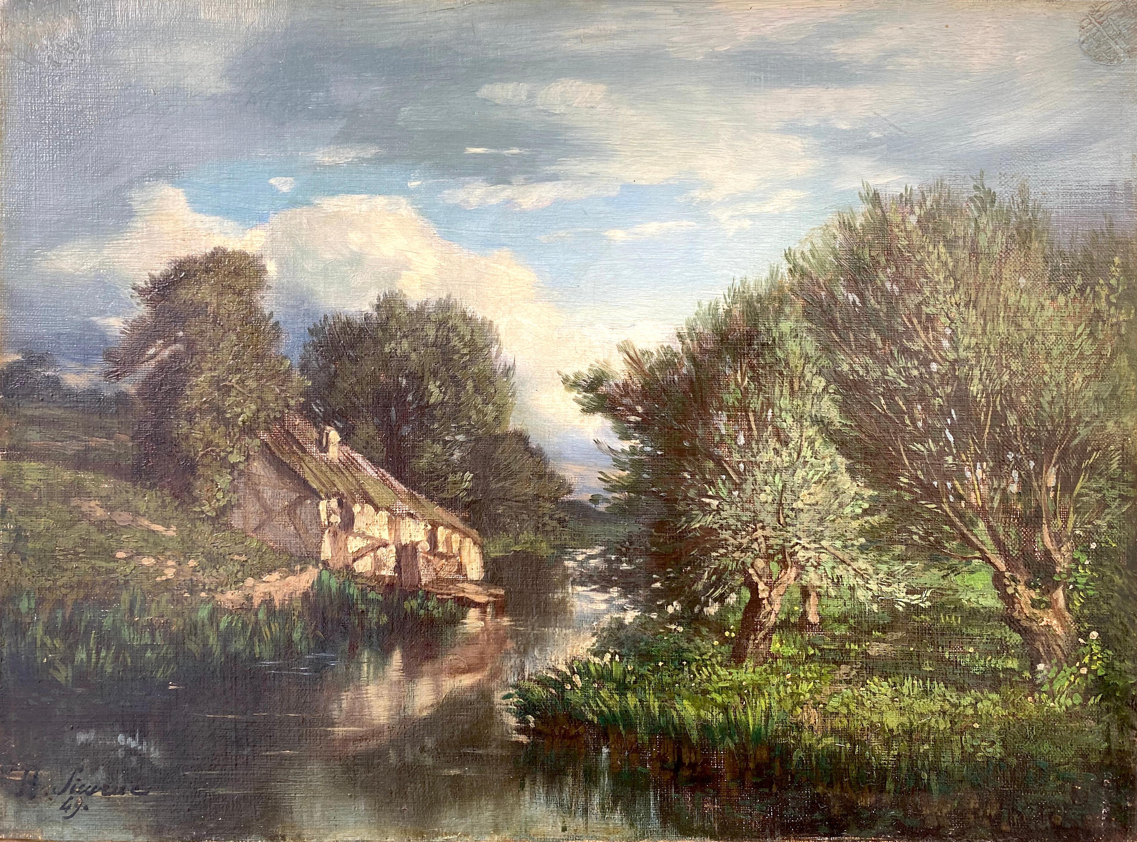 River Cottage 1849/ Barbizon landscape heralding Impressionism Jongkind's friend - Painting by Henri Sieurac
