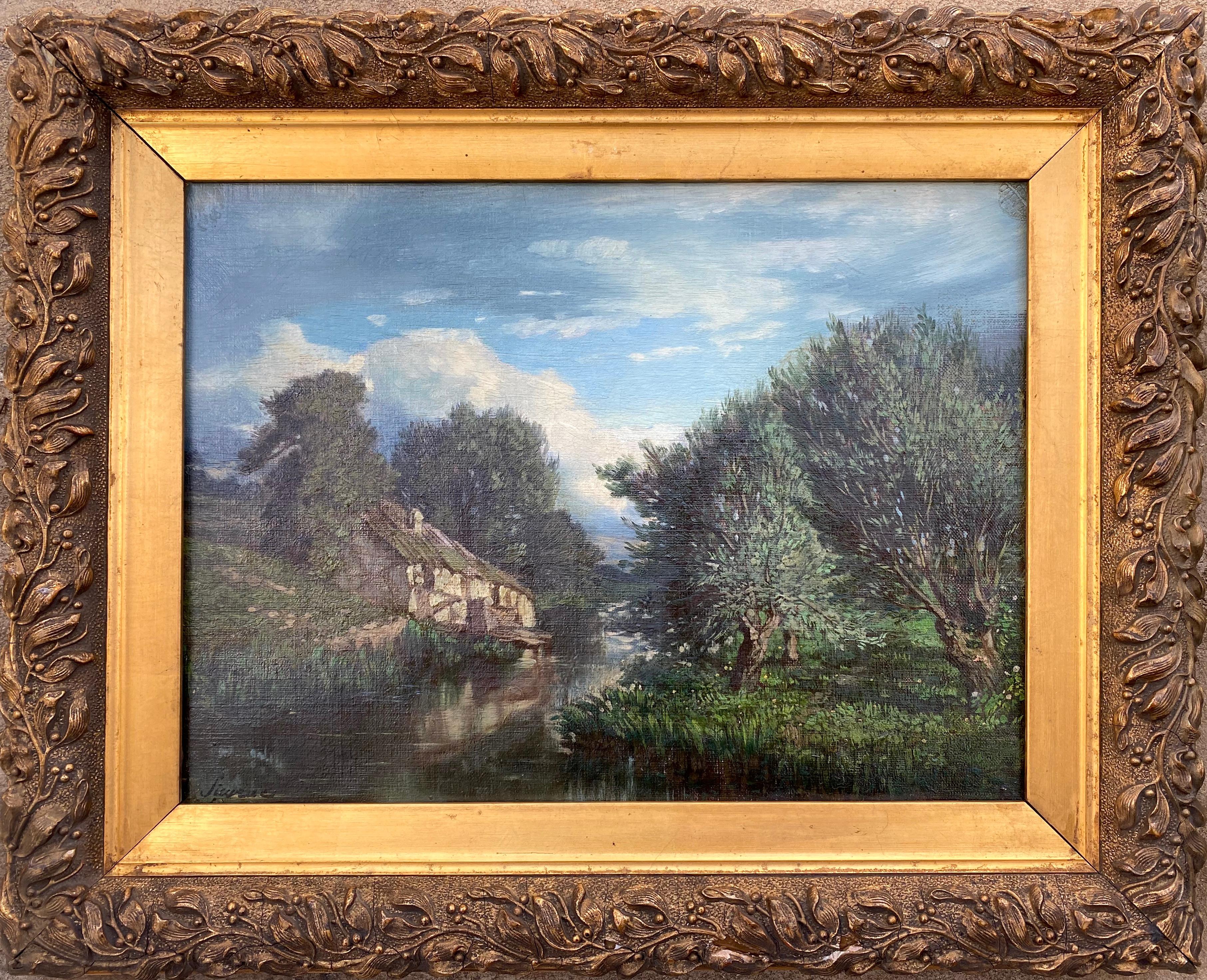 Henri Sieurac Landscape Painting - River Cottage 1849/ Barbizon landscape heralding Impressionism Jongkind's friend