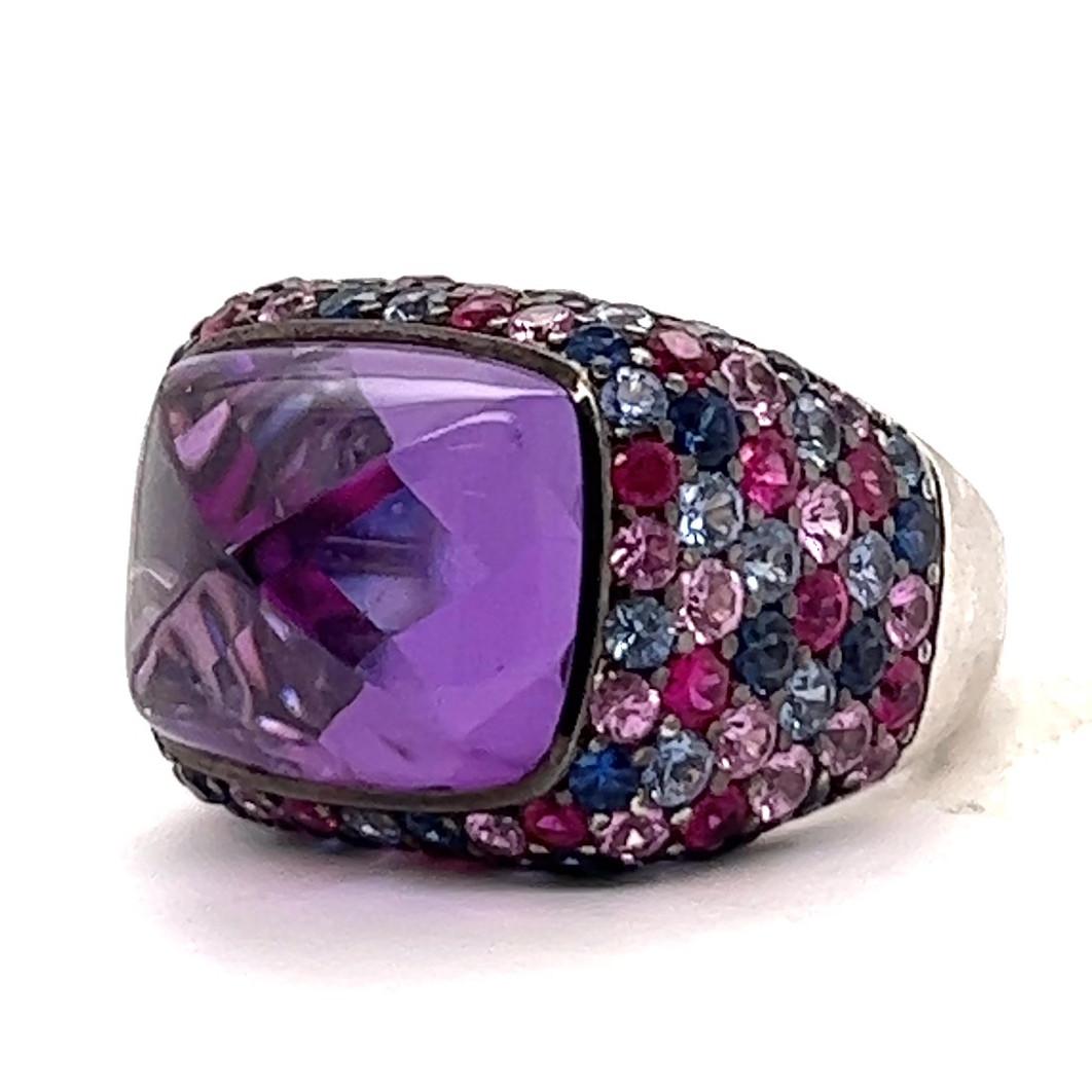 Contemporary Henri Sillam Amethyst Sapphire 18 Karat White Gold Cocktail Ring