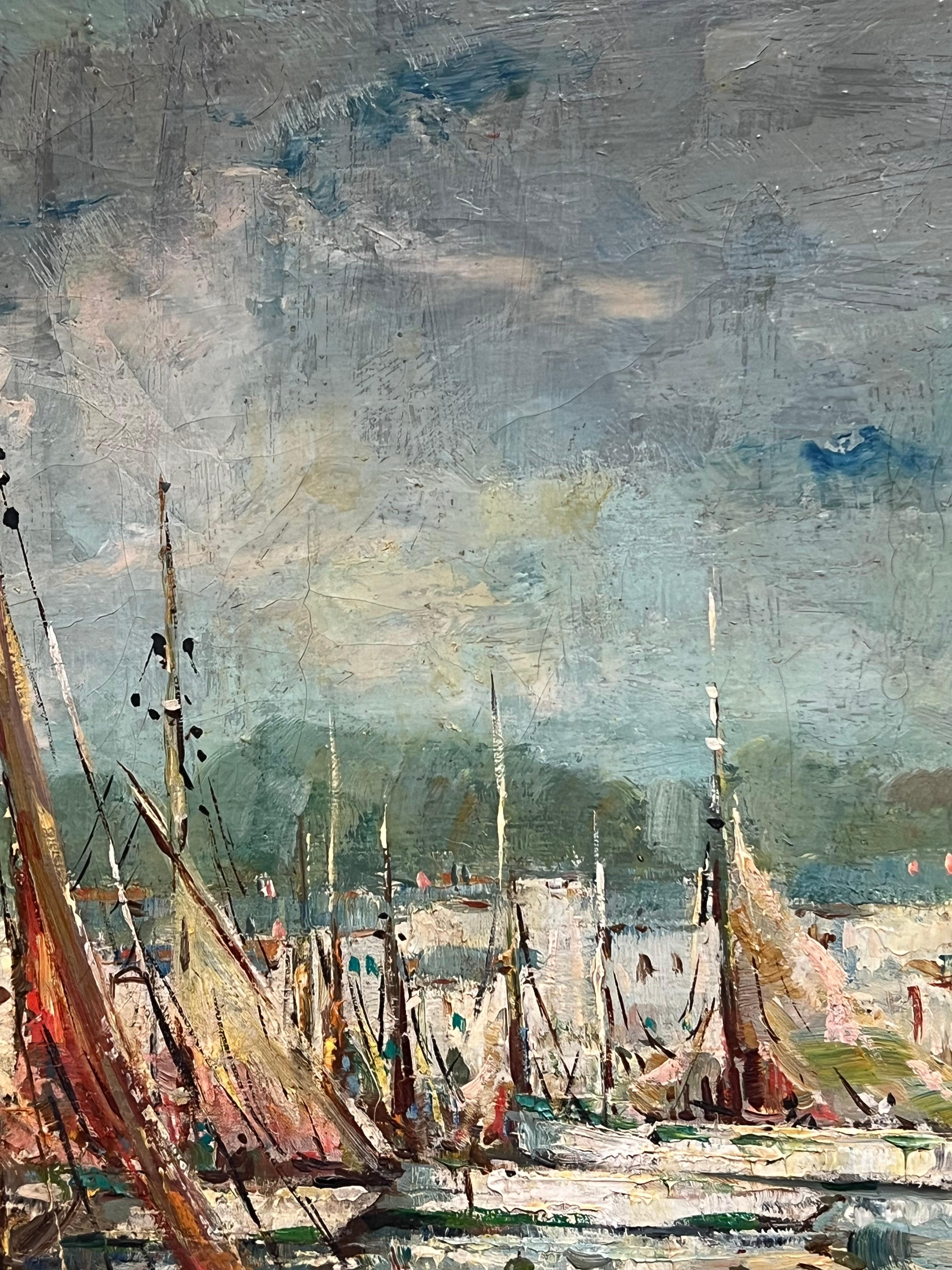 Puerto pesquero de Concarneau Mediados del siglo XX Pintura impresionista francesa firmada 5