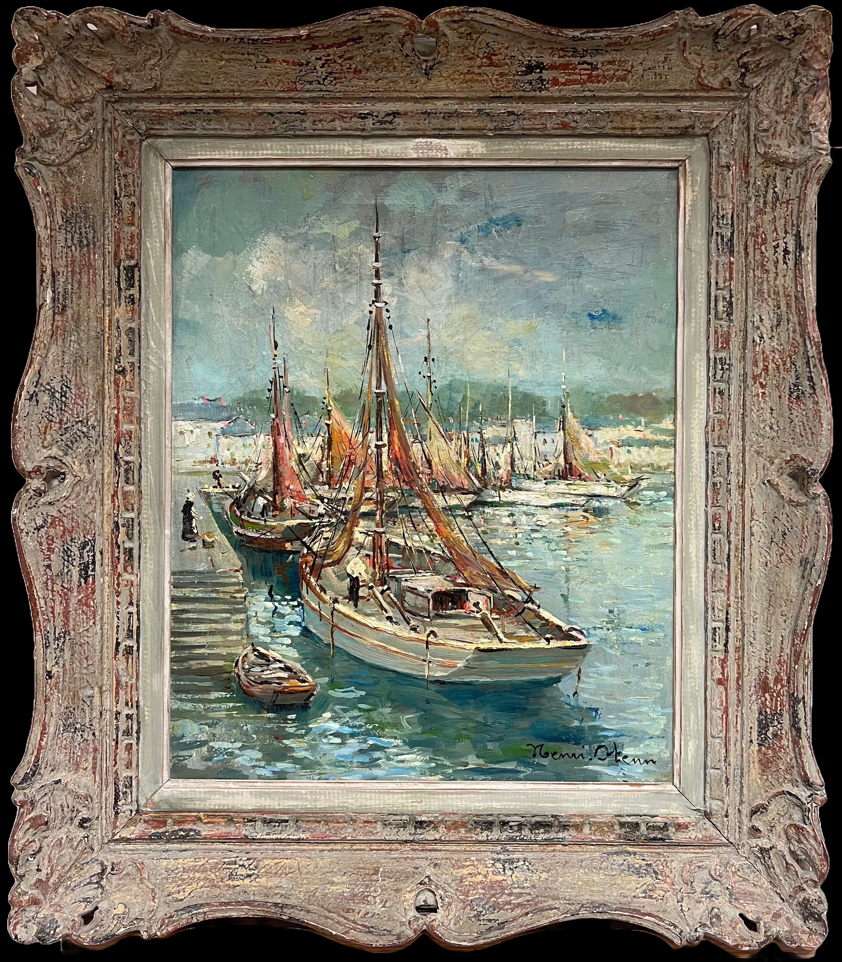 Puerto pesquero de Concarneau Mediados del siglo XX Pintura impresionista francesa firmada - Painting de Henri Stenn