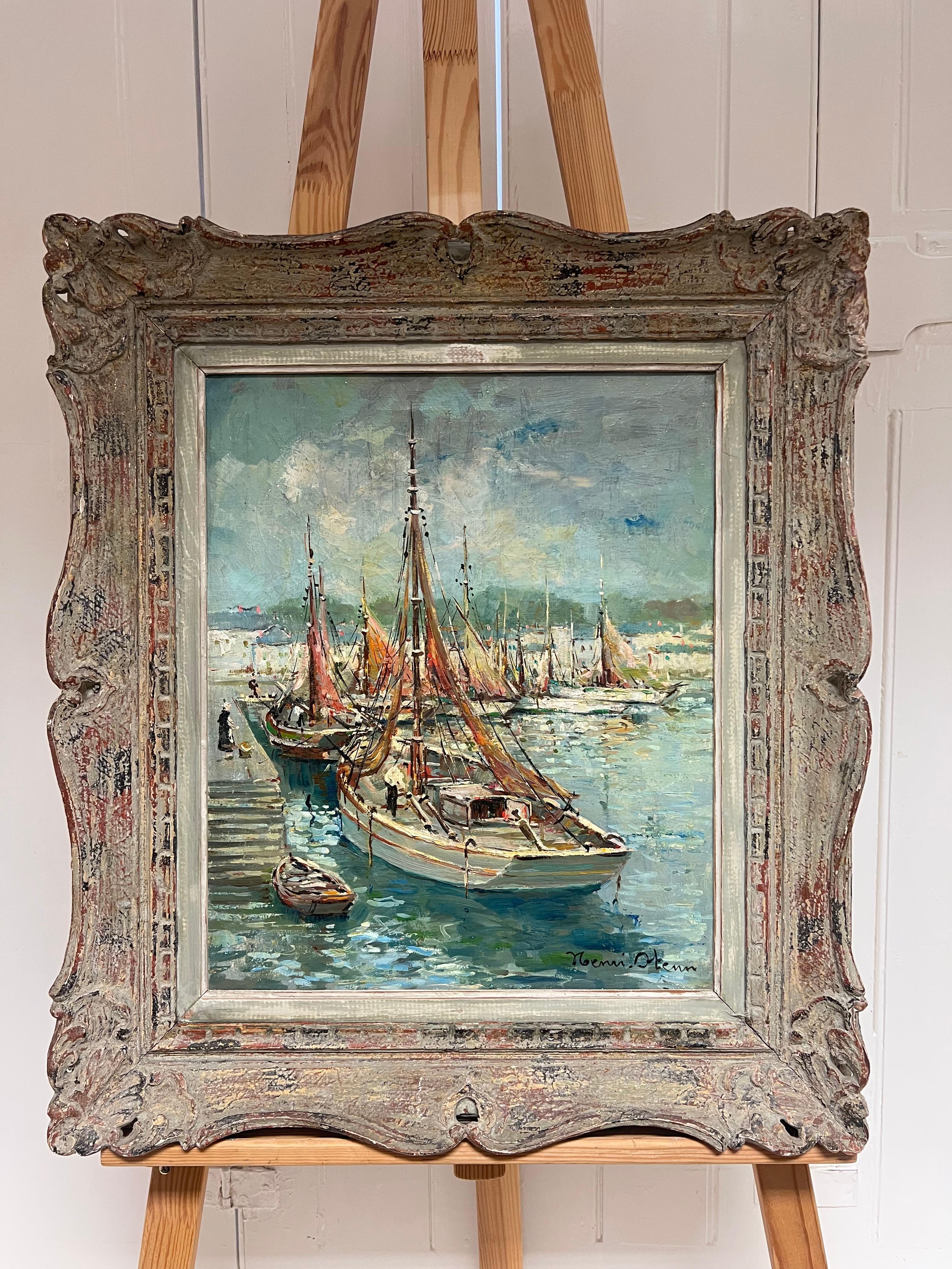 Puerto pesquero de Concarneau Mediados del siglo XX Pintura impresionista francesa firmada - Painting Impresionista de Henri Stenn