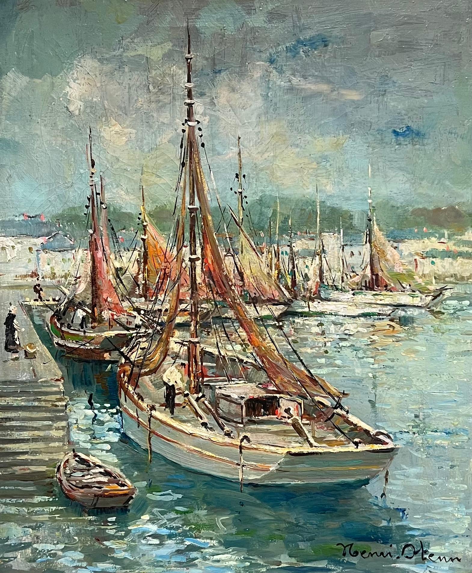 Puerto pesquero de Concarneau Mediados del siglo XX Pintura impresionista francesa firmada - Landscape Painting Gris de Henri Stenn