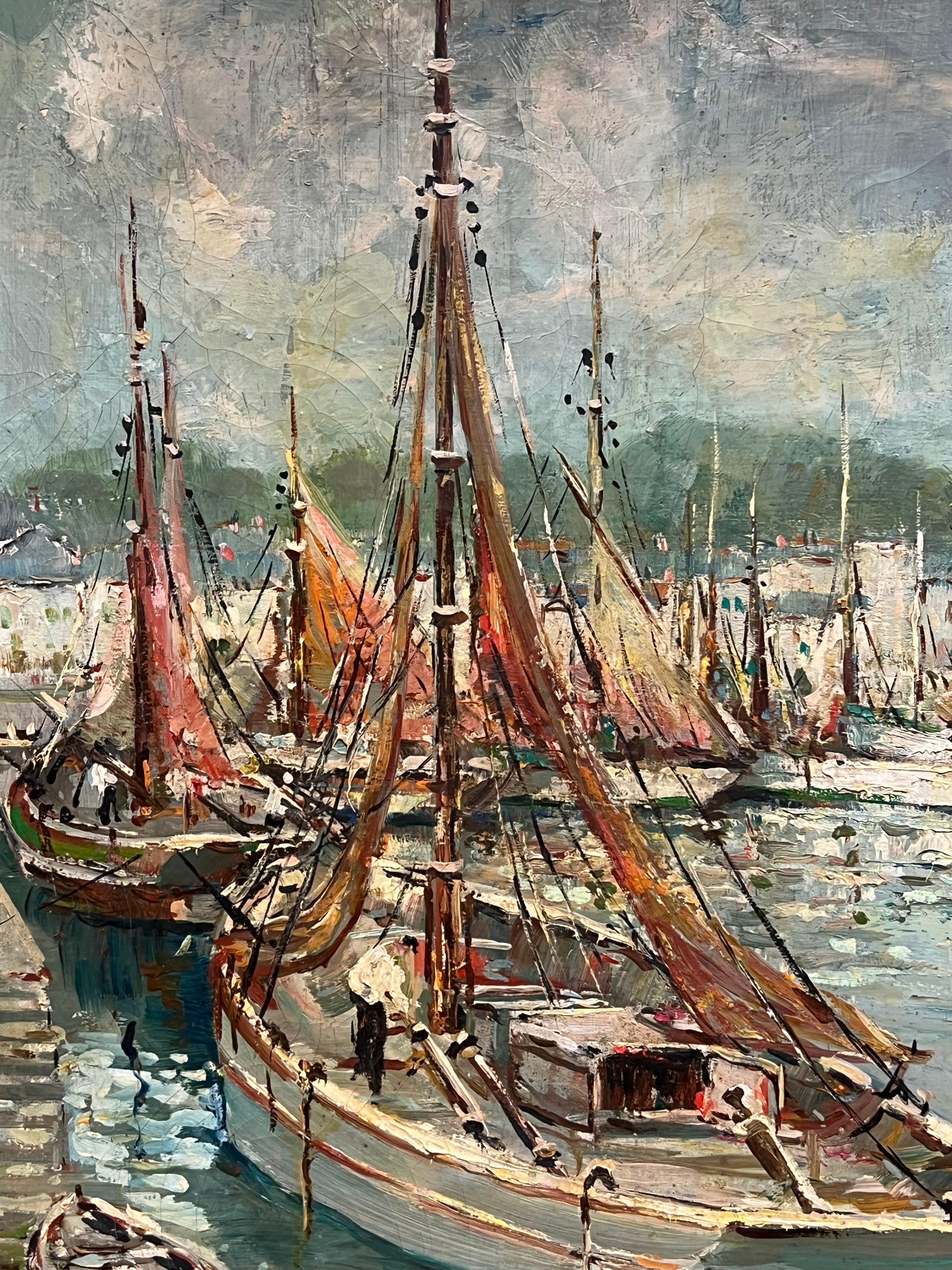 Puerto pesquero de Concarneau Mediados del siglo XX Pintura impresionista francesa firmada 1