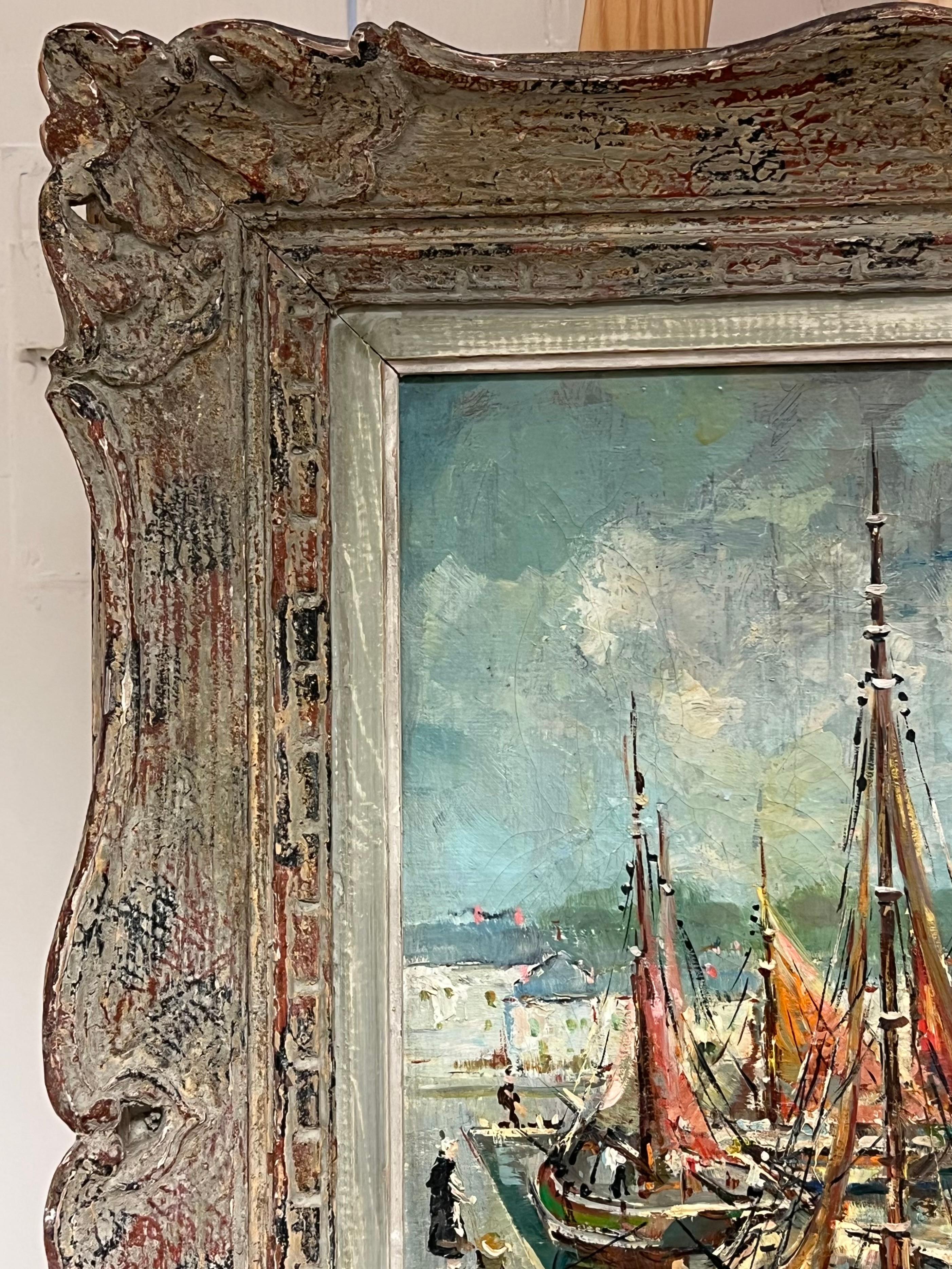 Puerto pesquero de Concarneau Mediados del siglo XX Pintura impresionista francesa firmada 2