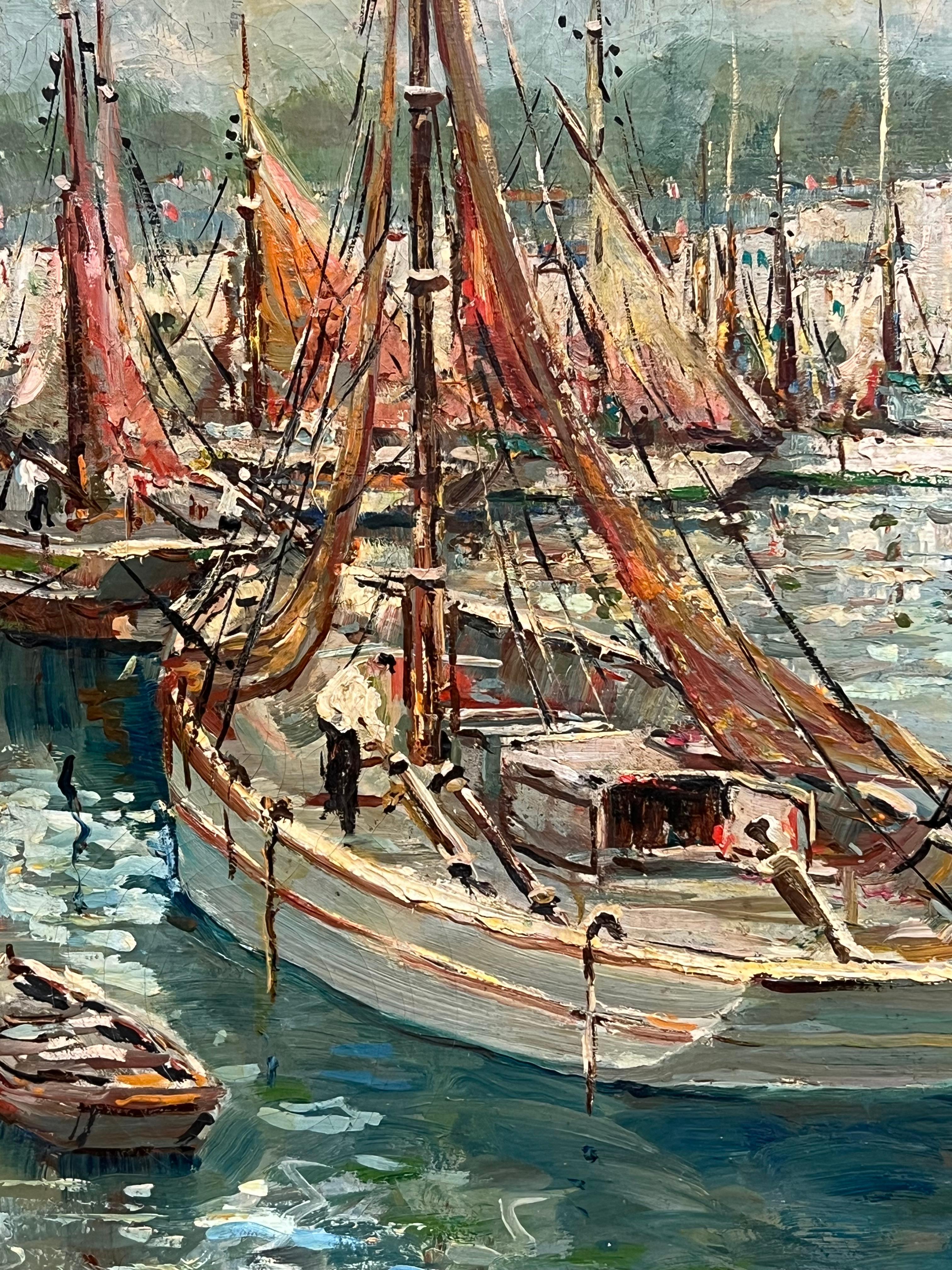 Puerto pesquero de Concarneau Mediados del siglo XX Pintura impresionista francesa firmada 3