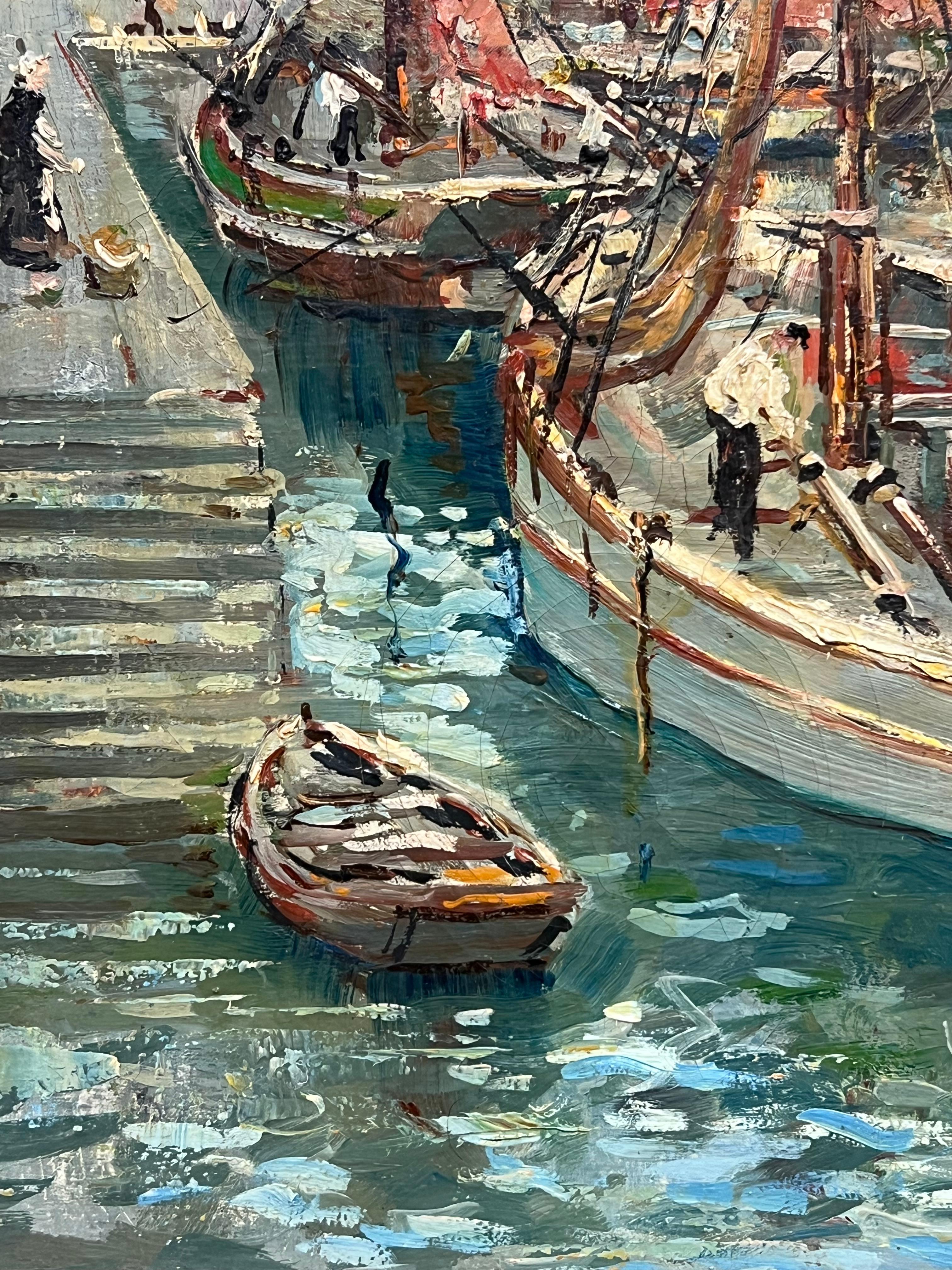 Puerto pesquero de Concarneau Mediados del siglo XX Pintura impresionista francesa firmada 4