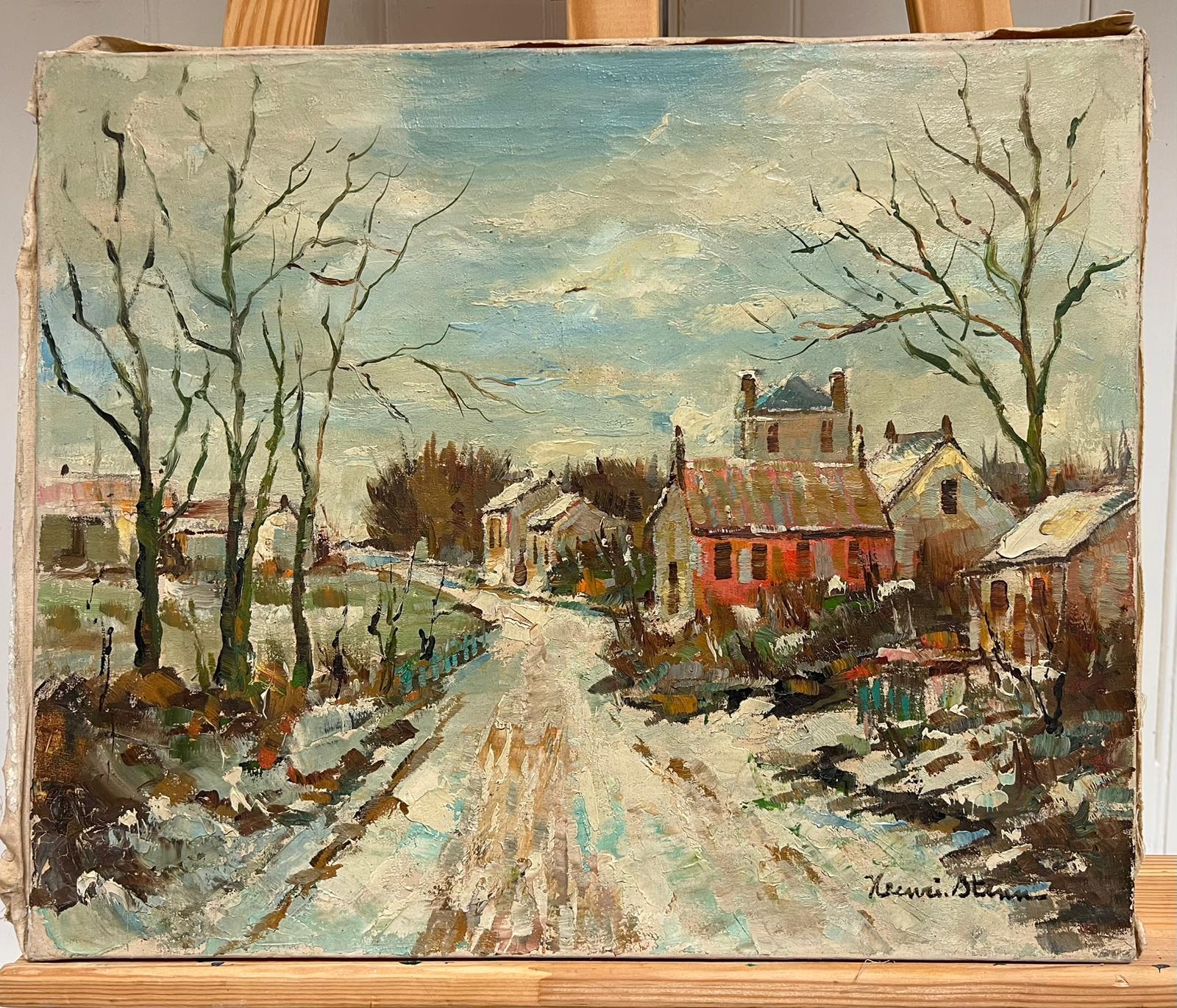 French Impressionist Signed Oil Winter Village Scene Snow-Covered Landscape - Painting by Henri Stenn