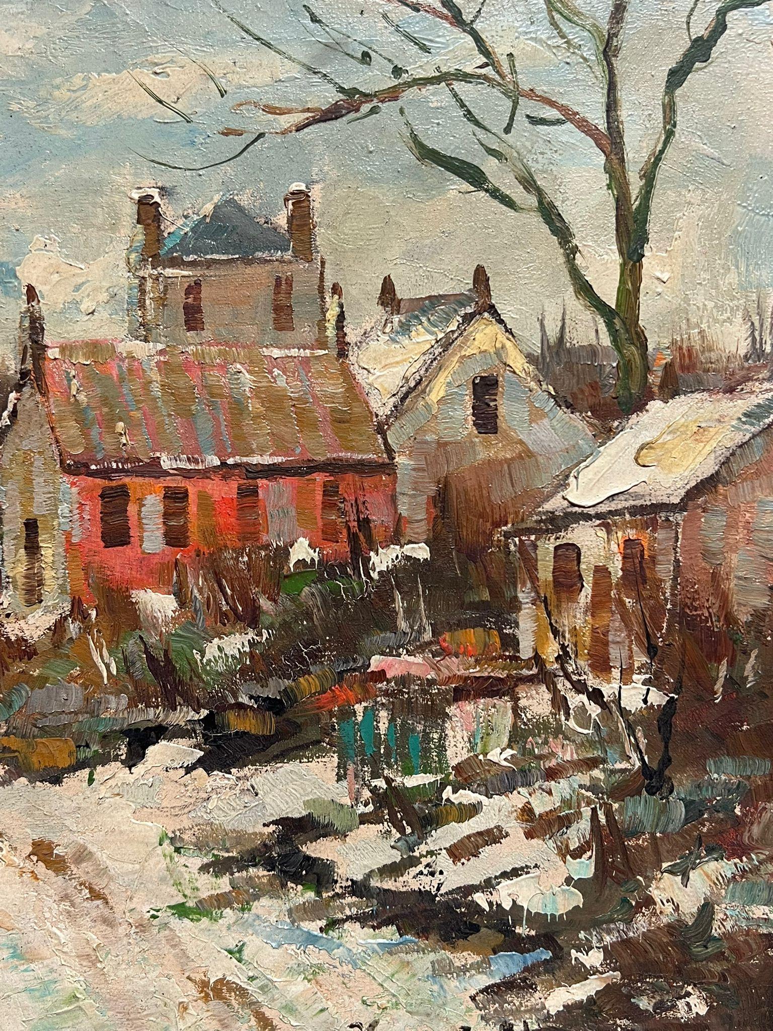Charming Winter Village Scene
titled verso
by Henri Stenn (French 1903-1993)
signed oil on canvas, unframed
canvas : 15 x 18 inches
Provenance: private collection, France
Condition: very good condition

Description:
This inviting oil painting