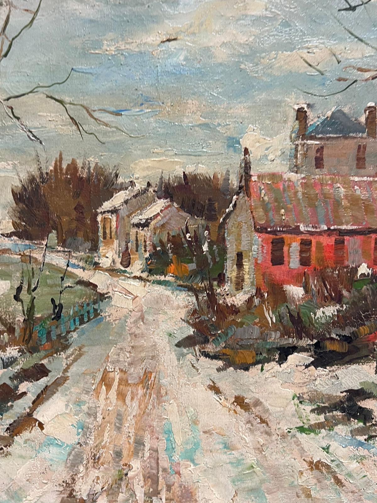French Impressionist Signed Oil Winter Village Scene Snow-Covered Landscape For Sale 1