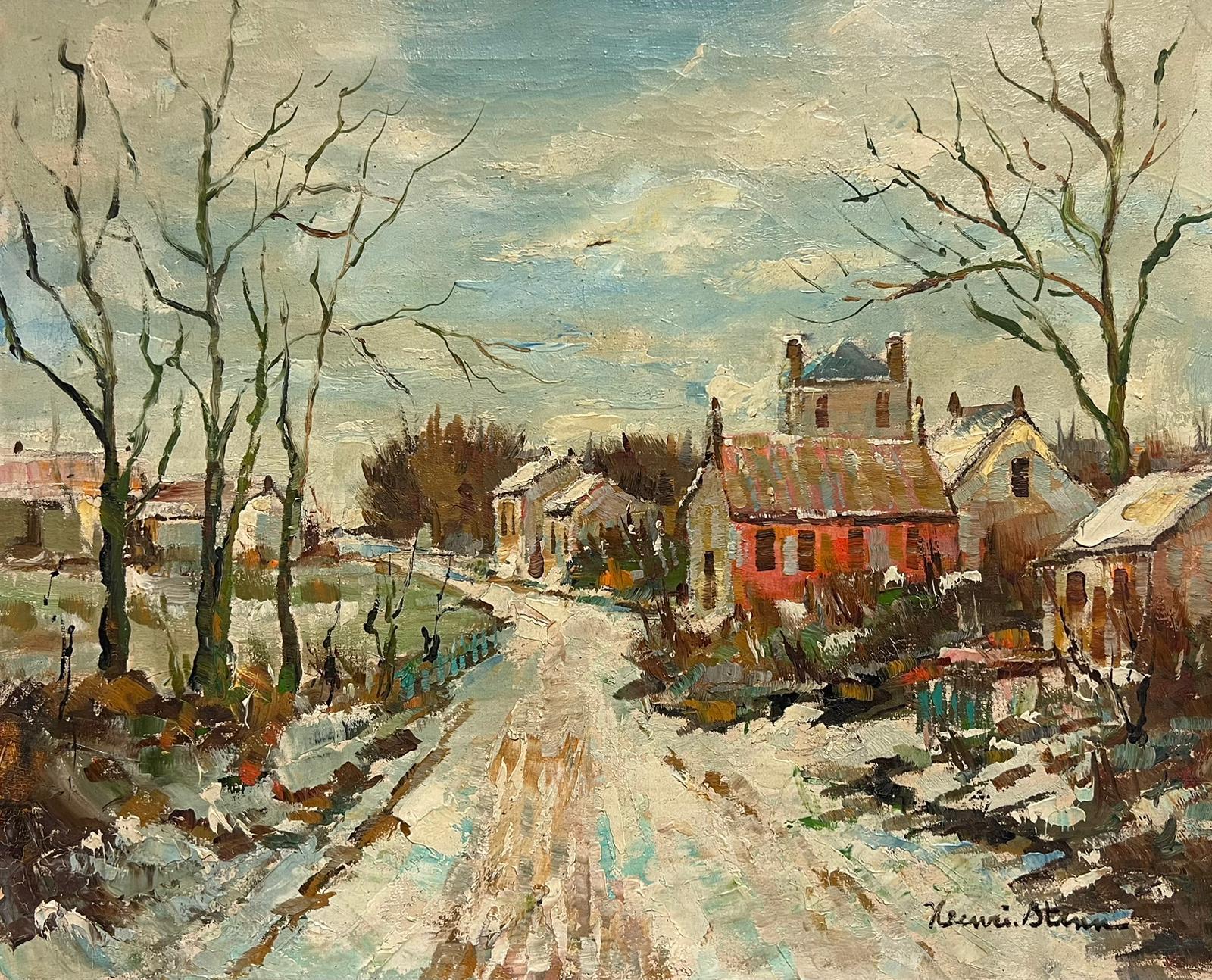 Henri Stenn Landscape Painting - French Impressionist Signed Oil Winter Village Scene Snow-Covered Landscape