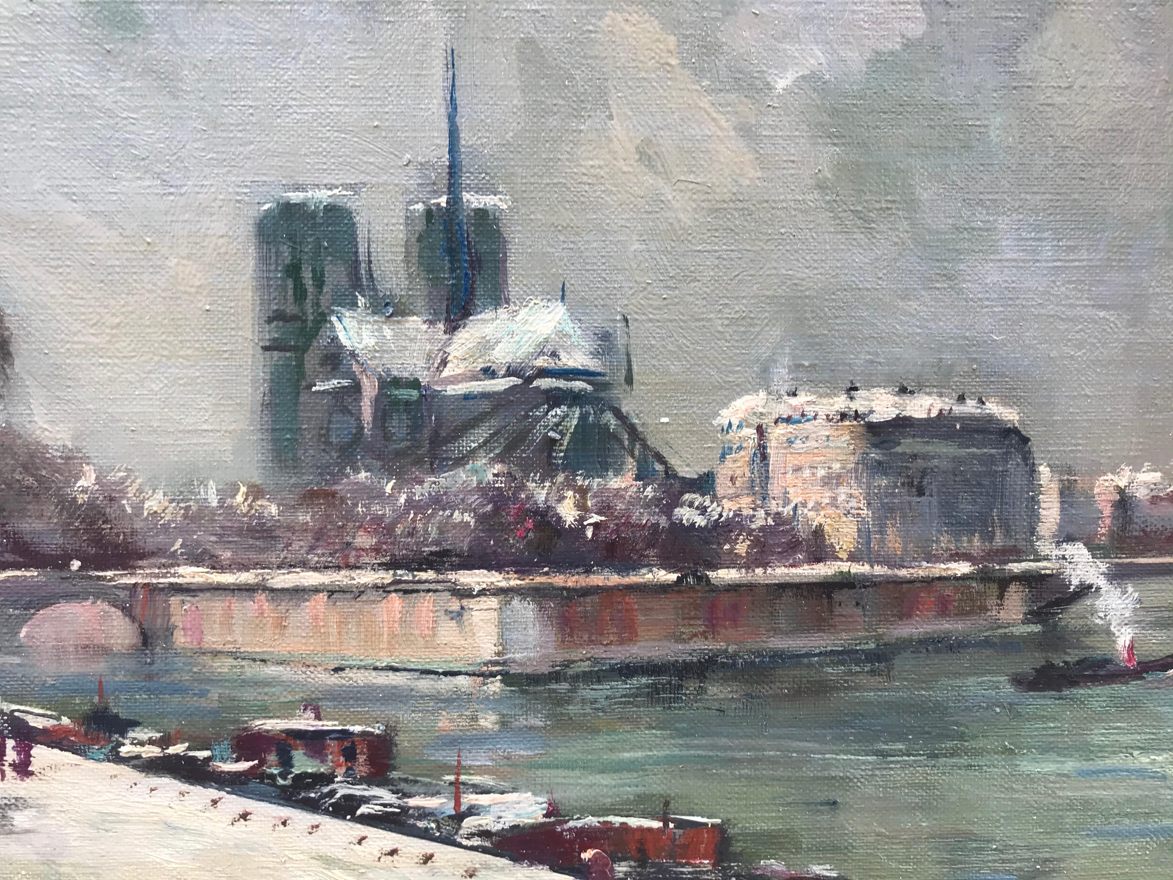 “Notre Dame dans la Neige” (Notre Dame in the Snow) - Post-Impressionist Painting by Henri Stenn
