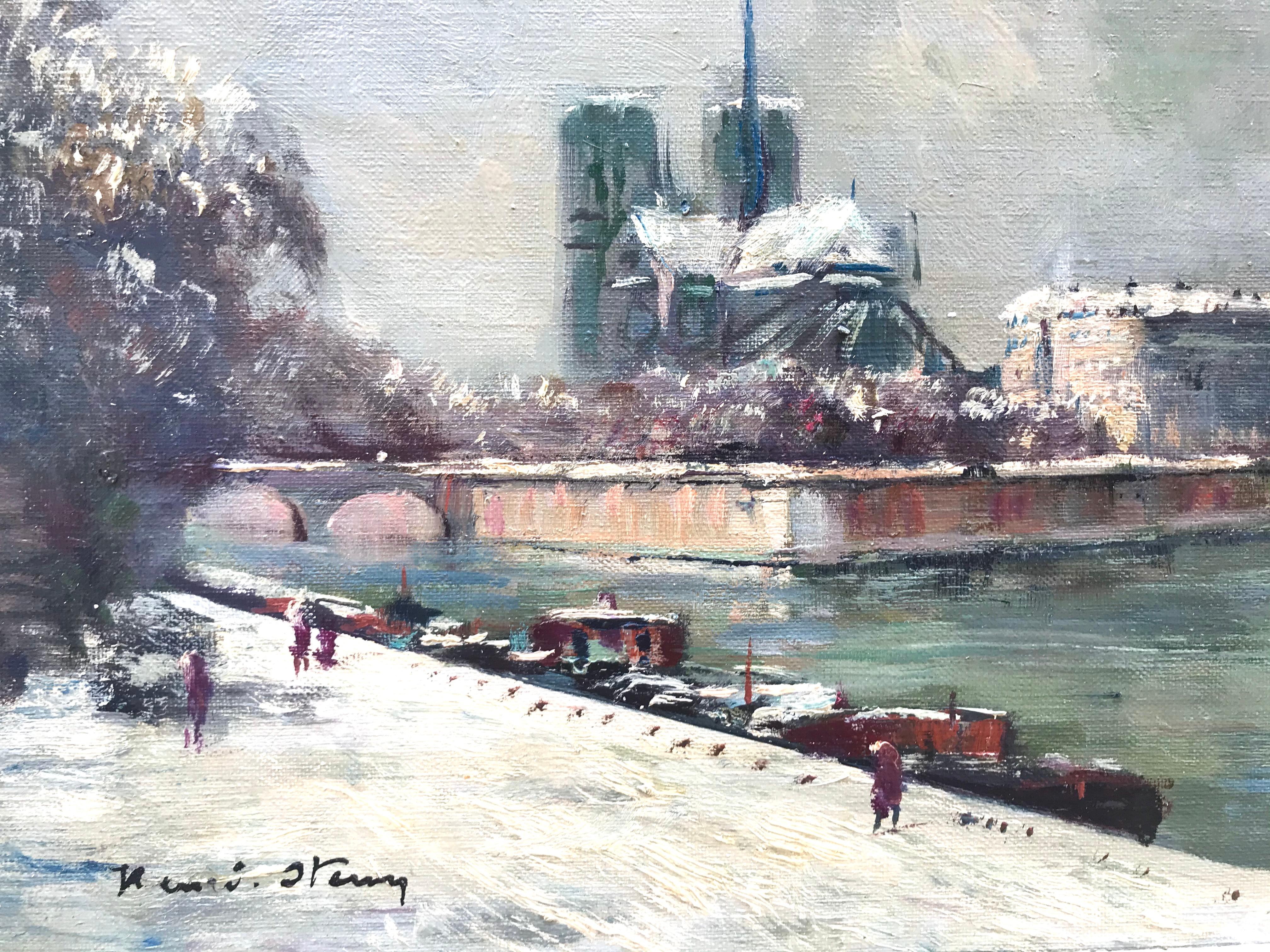 “Notre Dame dans la Neige” (Notre Dame in the Snow) - Gray Landscape Painting by Henri Stenn