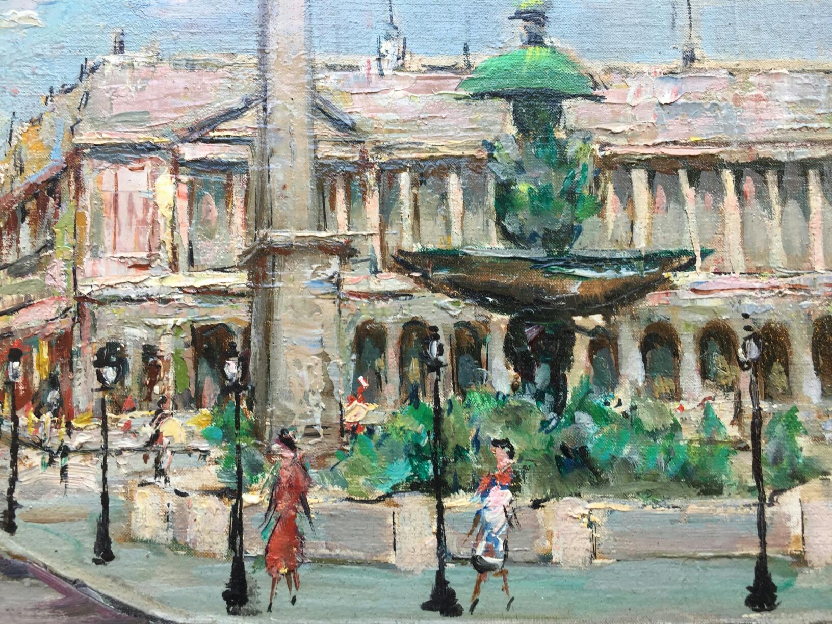 Beautiful oil on panel of the 30s post impressionist style representing the Place de la Concorde in Paris by Henri Stenn. 1903 - 1993
The painting  is very bright with a beautiful animation and the perspective of the rue Royale and Hotel Crillon on