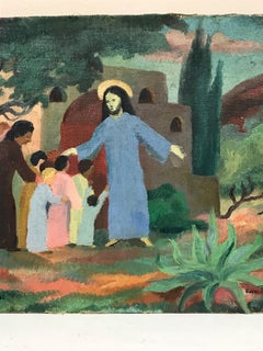 1930's French Fauvist Signed Oil - Christ with Gathering of Children & Figures