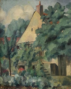 Fine huile française post-impressionniste signée représentant un cottage de campagne dans un jardin, provençal
