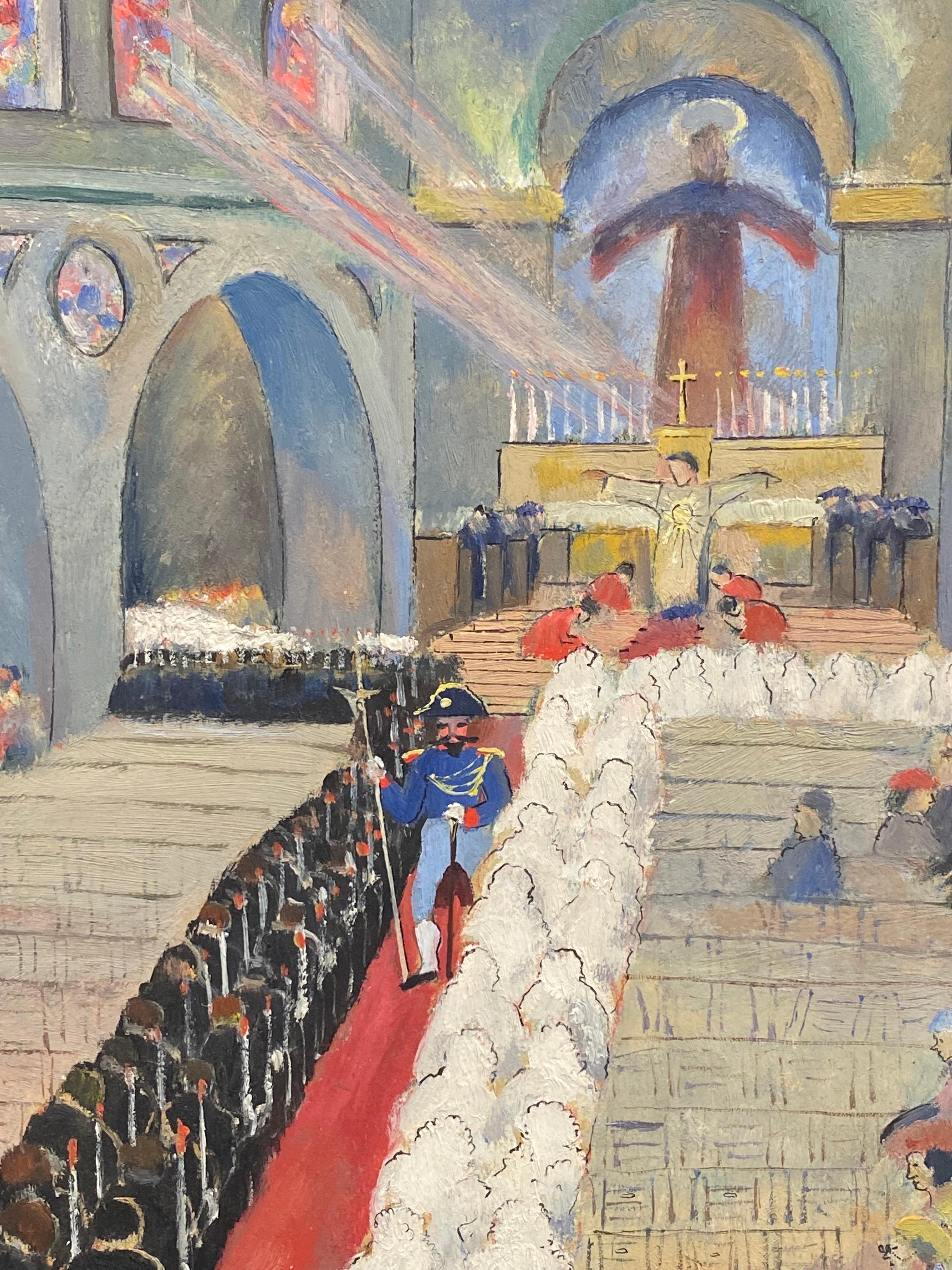 The First Communion 1930's French Modernist Oil Figures in Church Interior - Painting by Henri Therme