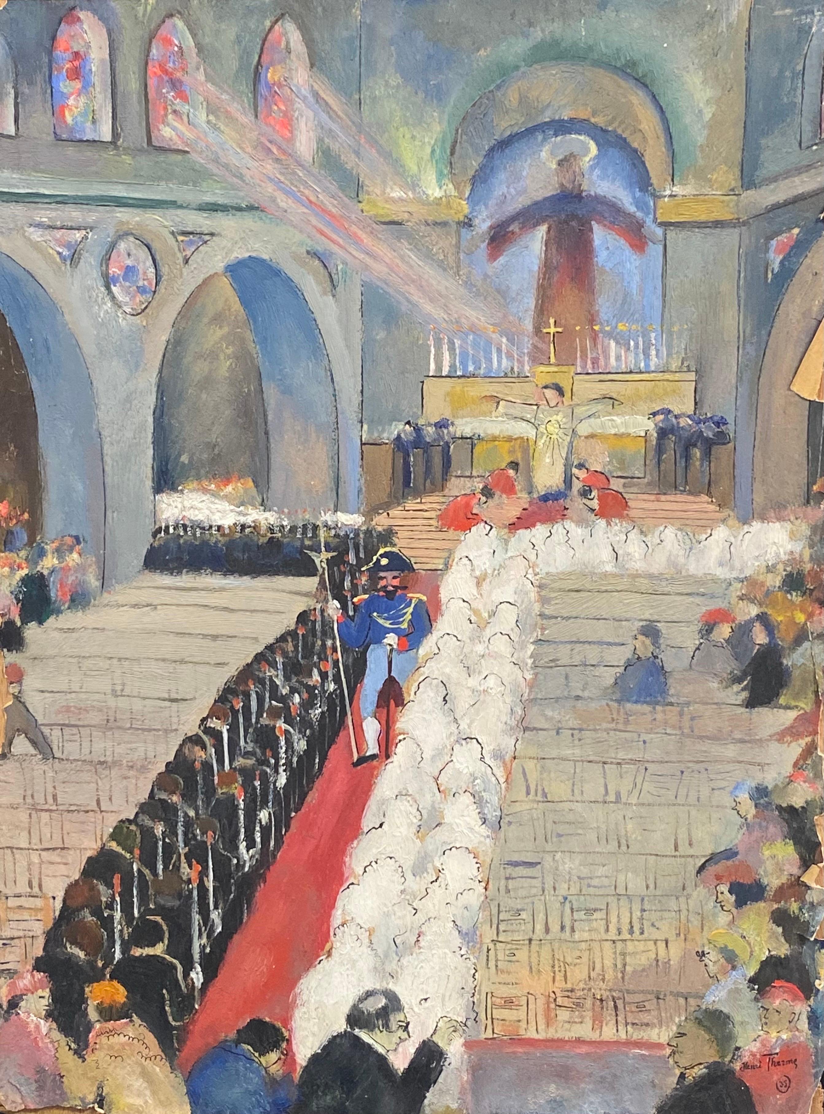 Henri Therme Interior Painting - The First Communion 1930's French Modernist Oil Figures in Church Interior