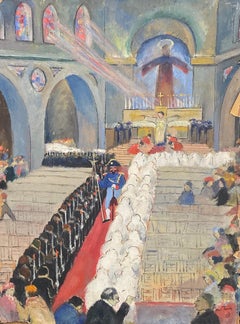 The First Communion 1930's French Modernist Oil Figures in Church Interior