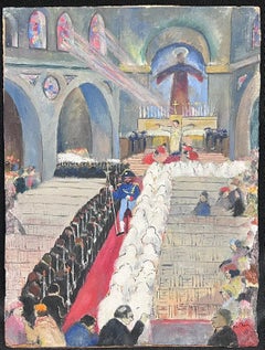 Vibrant Mid-Century Church Ceremony Scene with Procession