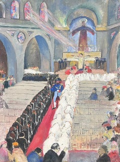 Scène de cérémonie d'église vibrante du milieu du siècle avec procession