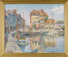 View of Honfleur harbour in Normandy, original oil canvas, French impressionism