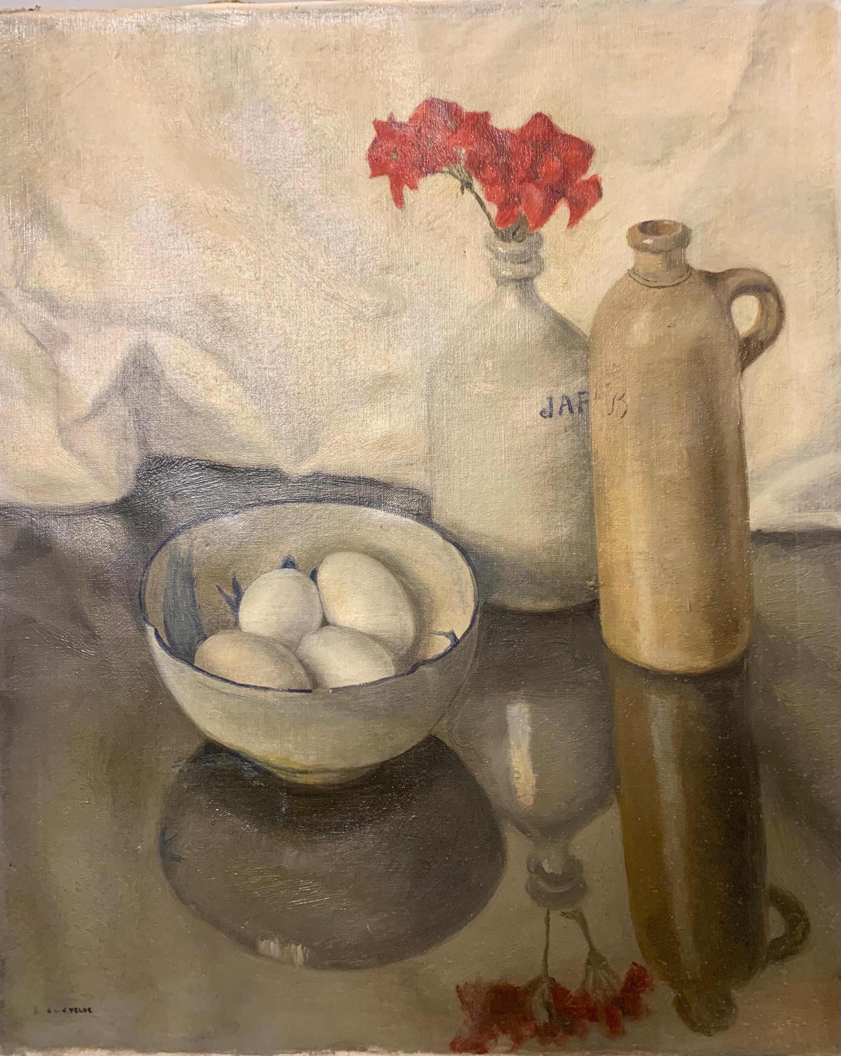 Henri Van de Velde Figurative Painting - "Still life with eggs and red flower" Oil cm. 51 x 61 1920 