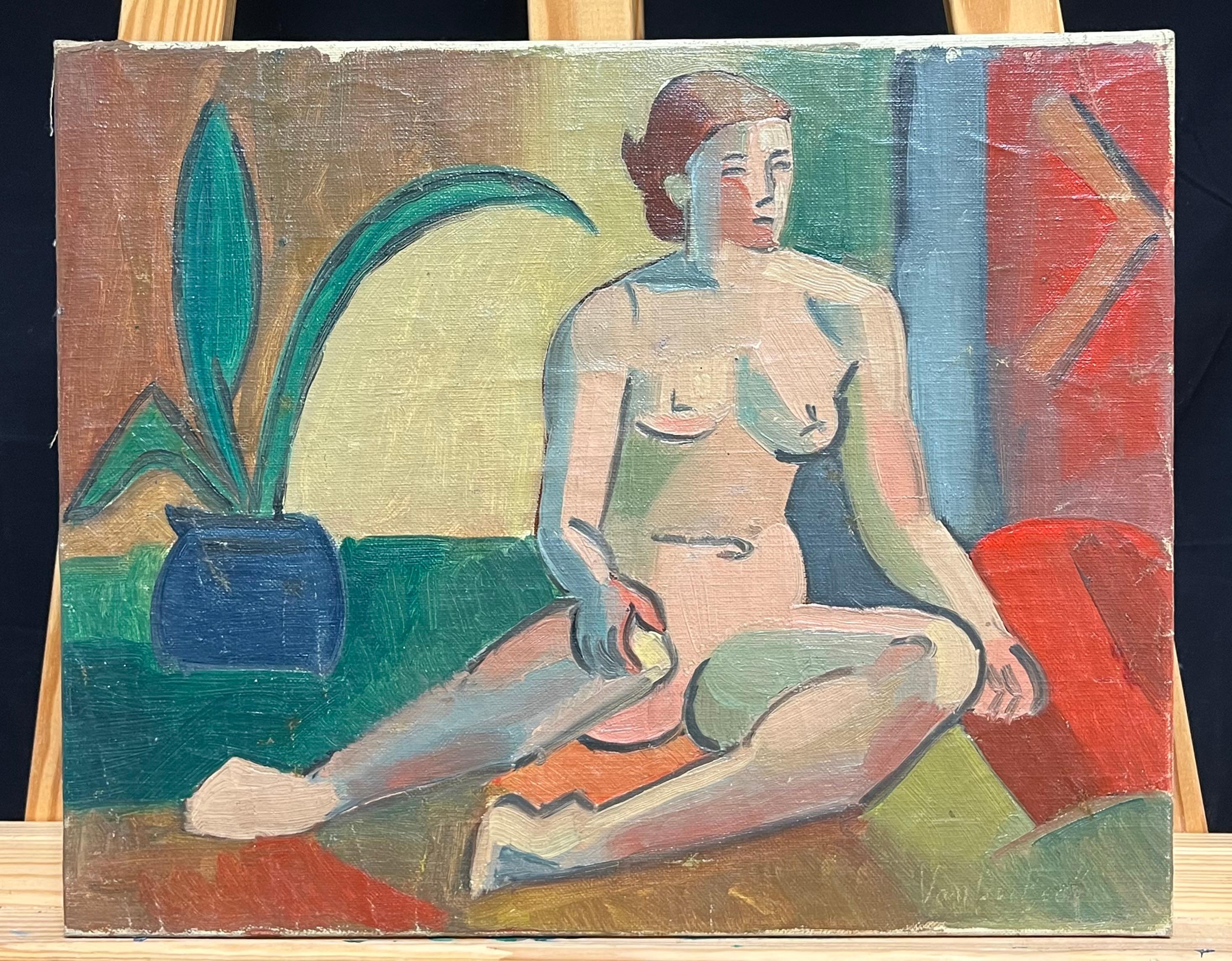 1930's Desnudo Cubista Francés Firmado Óleo Dama Vibrante Composición Geométrica - Painting de Henri Van Der Beck