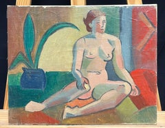 1930's French Cubist Nude Signed Oil Lady Vibrant Geometric Composition