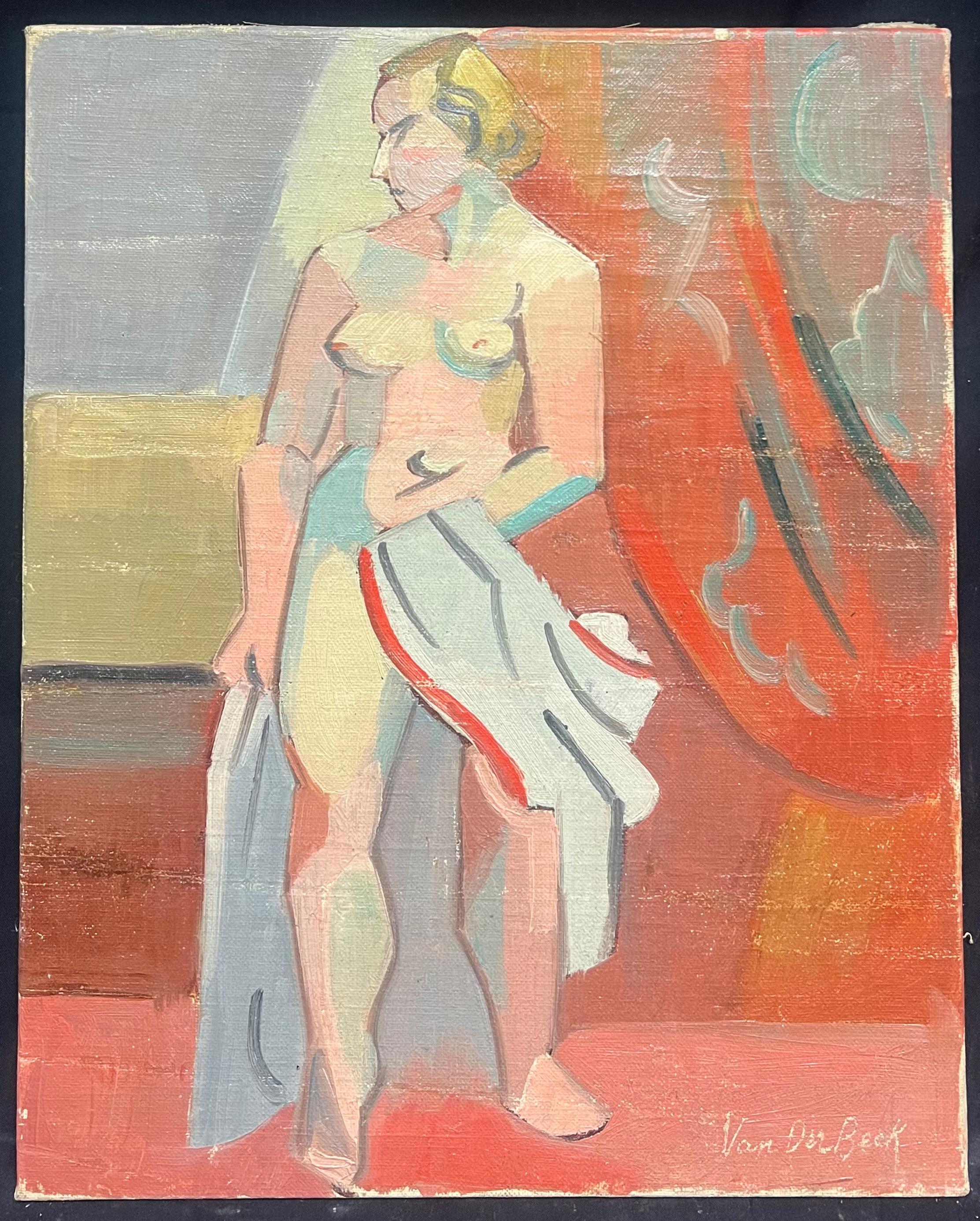 Nudo cubista francese del 1930 firmato ad olio Signora Vibrante Composizione geometrica - Painting di Henri Van Der Beck