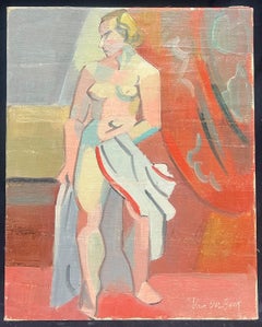 1930's French Cubist Nude Signed Oil Lady Vibrant Geometric Composition