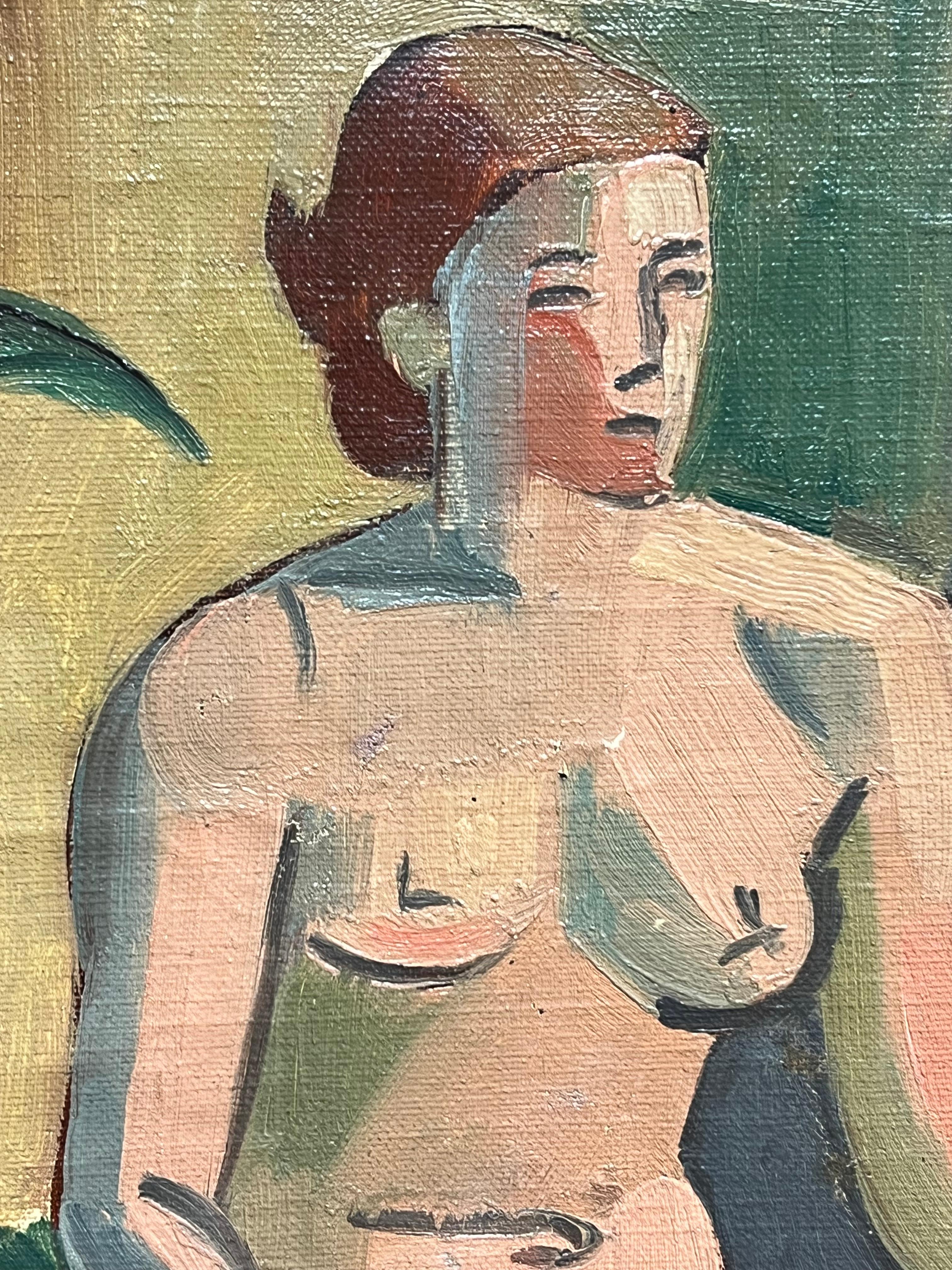 1930's Desnudo Cubista Francés Firmado Óleo Dama Vibrante Composición Geométrica - Figurative Painting Marrón de Henri Van Der Beck