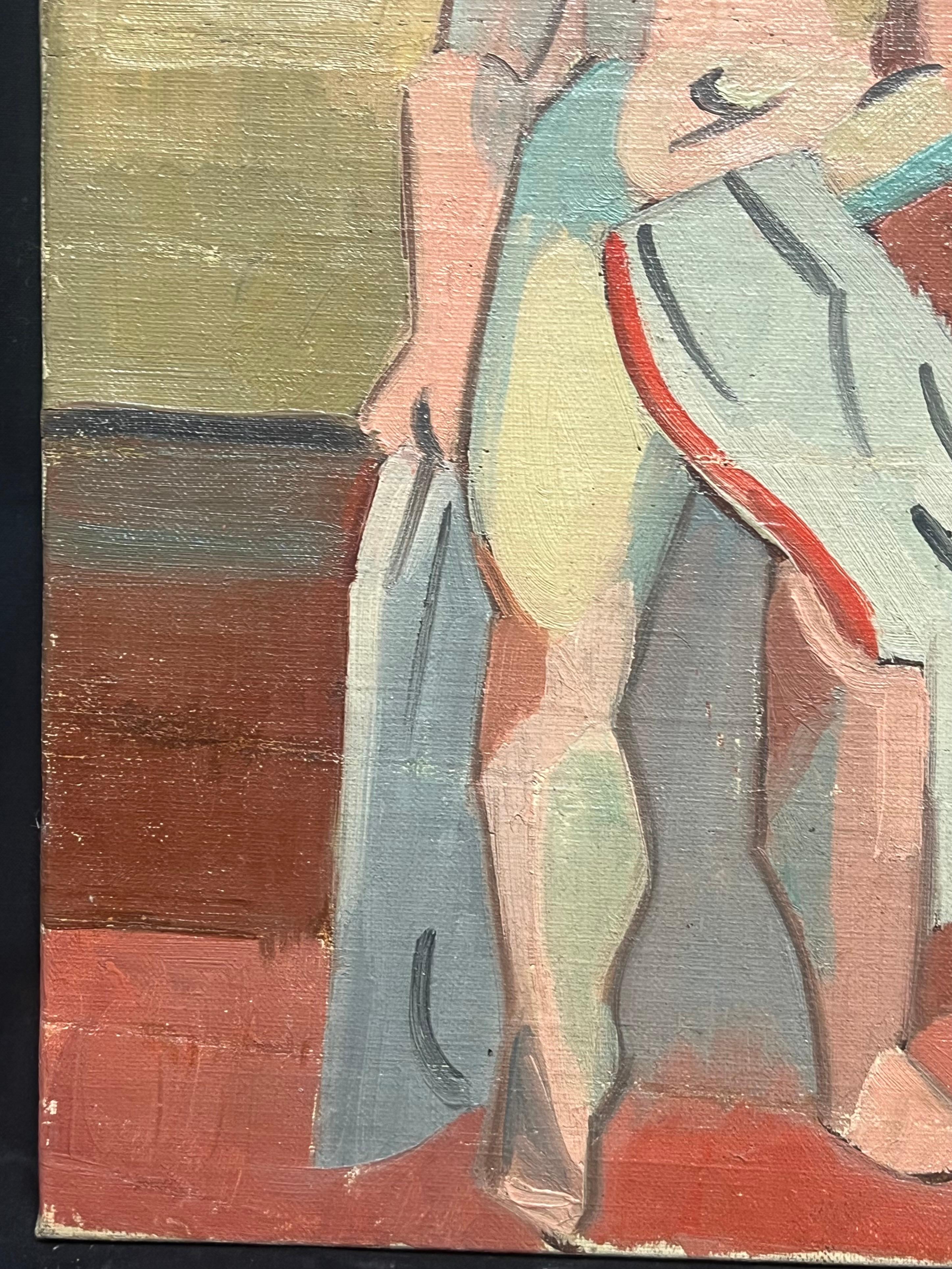 Nudo cubista francese del 1930 firmato ad olio Signora Vibrante Composizione geometrica - Figurative Painting Beige di Henri Van Der Beck