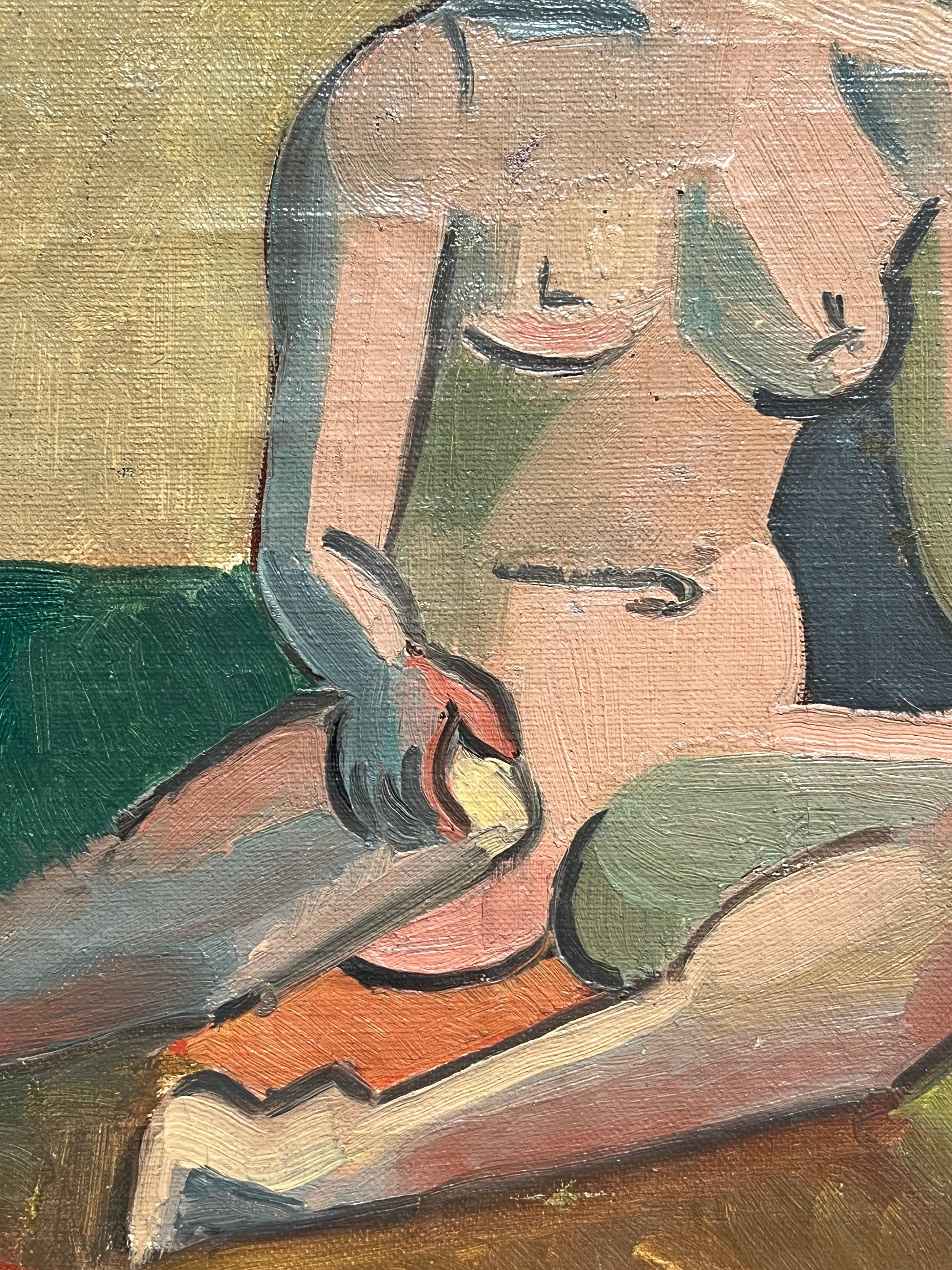 1930's Desnudo Cubista Francés Firmado Óleo Dama Vibrante Composición Geométrica en venta 1