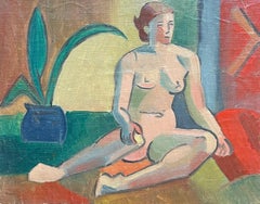 Nu cubiste français des années 1930, signé à l'huile, composition géométrique vibrante pour femme