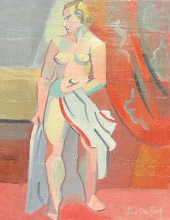 1930's Desnudo Cubista Francés Firmado Óleo Dama Vibrante Composición Geométrica