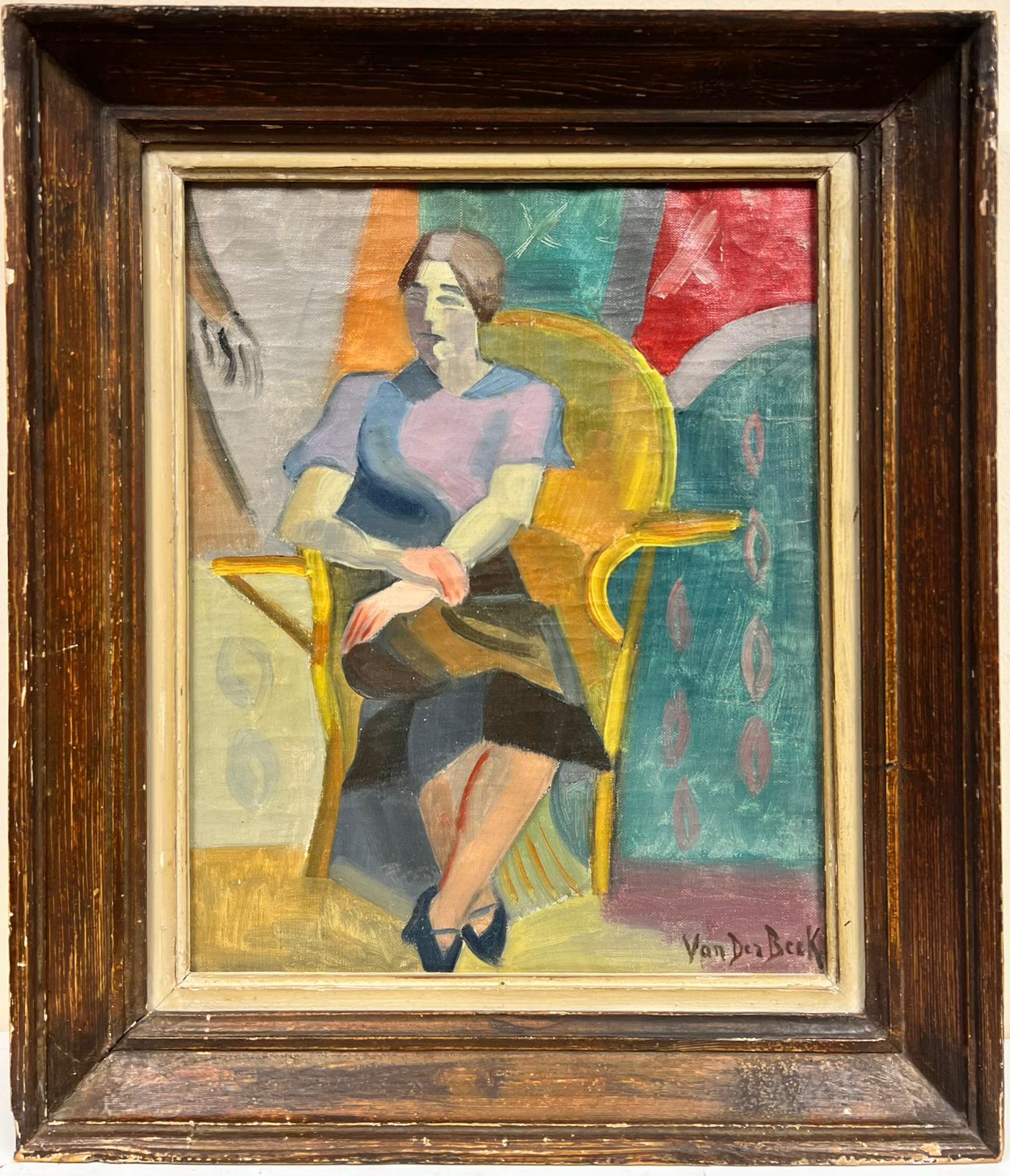 1930's French Cubist Signed Oil Lady in Red Seated on Golden Chair in Interior - Painting by Henri Van Der Beck