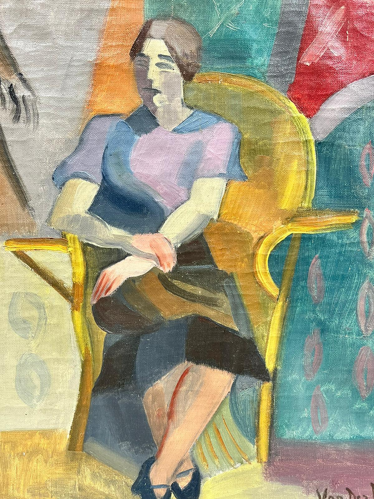 Artist/ School: by Henri Van Der Beck (French 1886-1956), signed lower right

Title: Portrait of a lady seated on a golden yellow chair within an interior. Painted in a period Cubist style, so evocative of the period. 

Medium: oil on canvas,