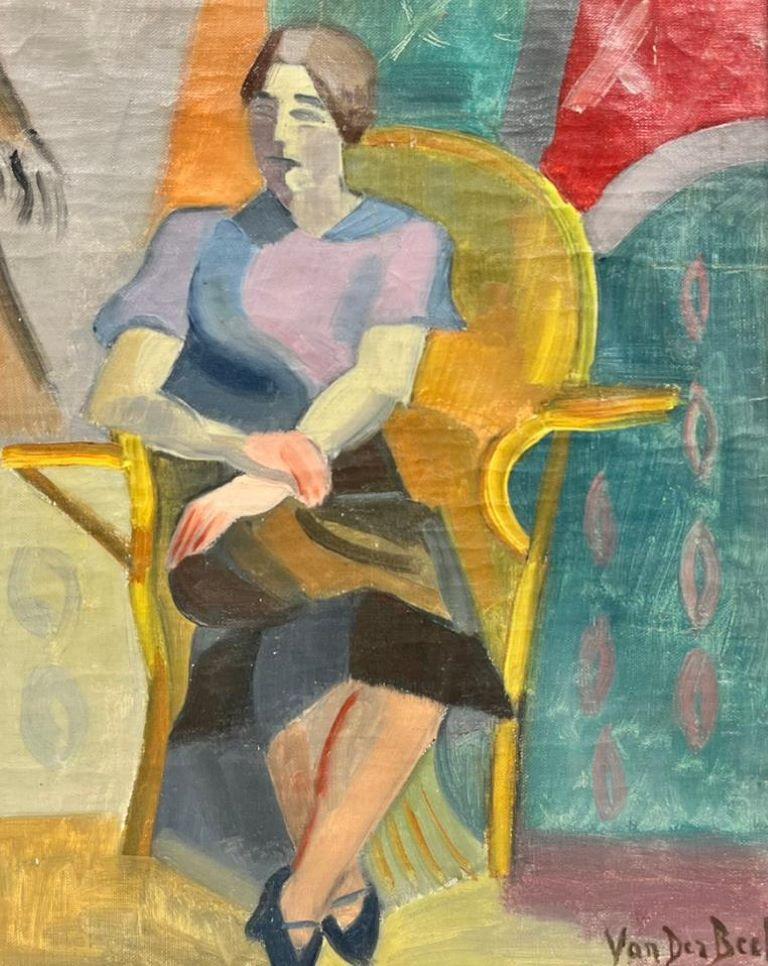 Henri Van Der Beck Interior Painting - 1930's French Cubist Signed Oil Lady in Red Seated on Golden Chair in Interior