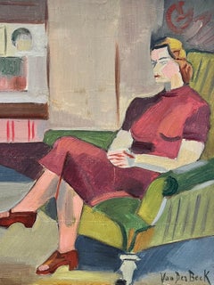 1930's French Cubist Signed Oil Lady in Red Seated on Green Chair in Interior