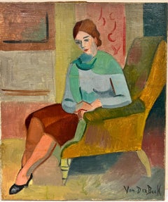 1930's French Cubist Signed Oil Lady in Red Seated on Green Chair in Interior