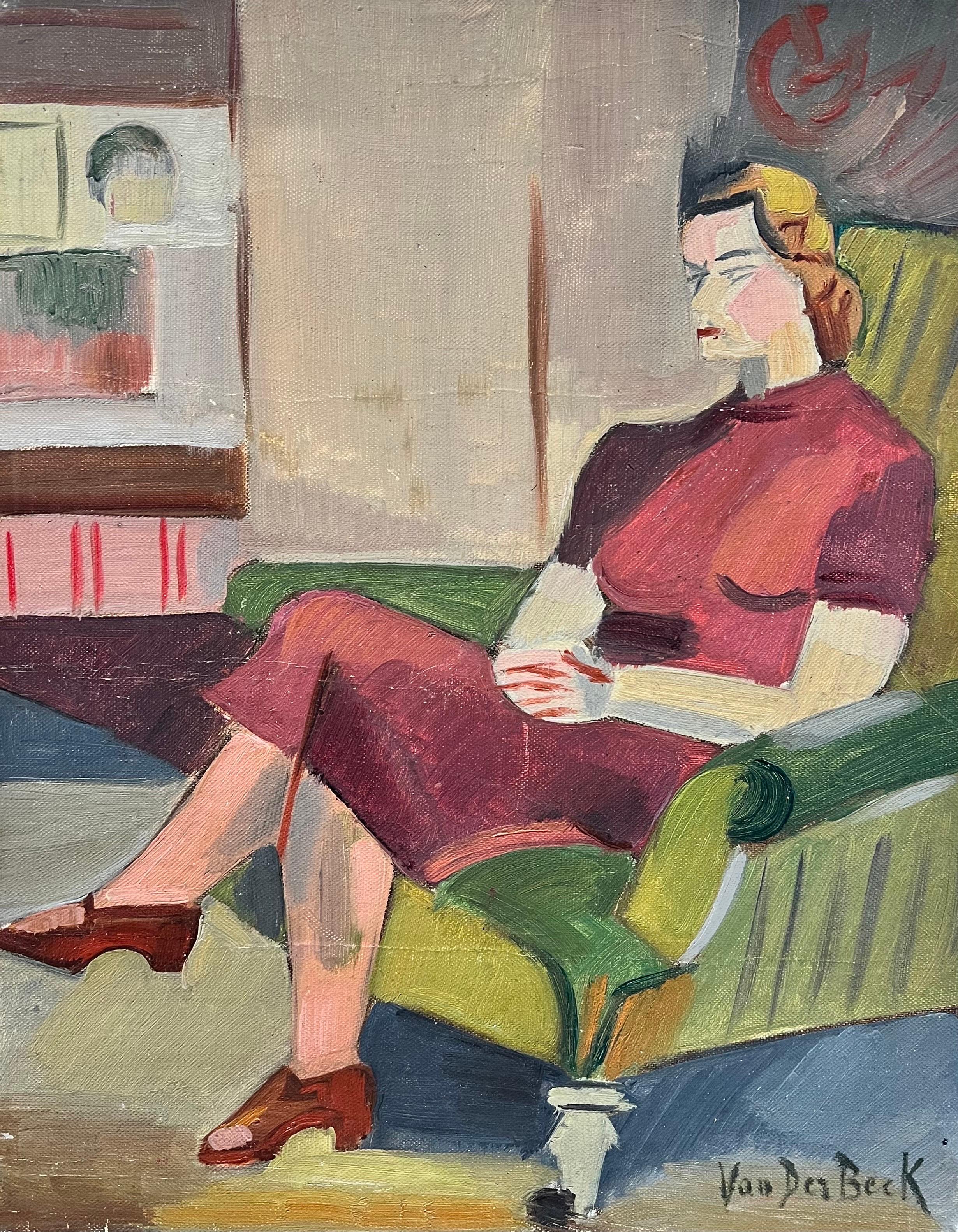 Henri Van Der Beck Interior Painting - 1930's French Cubist Signed Oil Lady in Red Seated on Green Chair in Interior