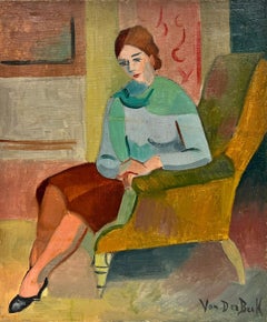 1930's French Cubist Signed Oil Lady in Red Seated on Green Chair in Interior