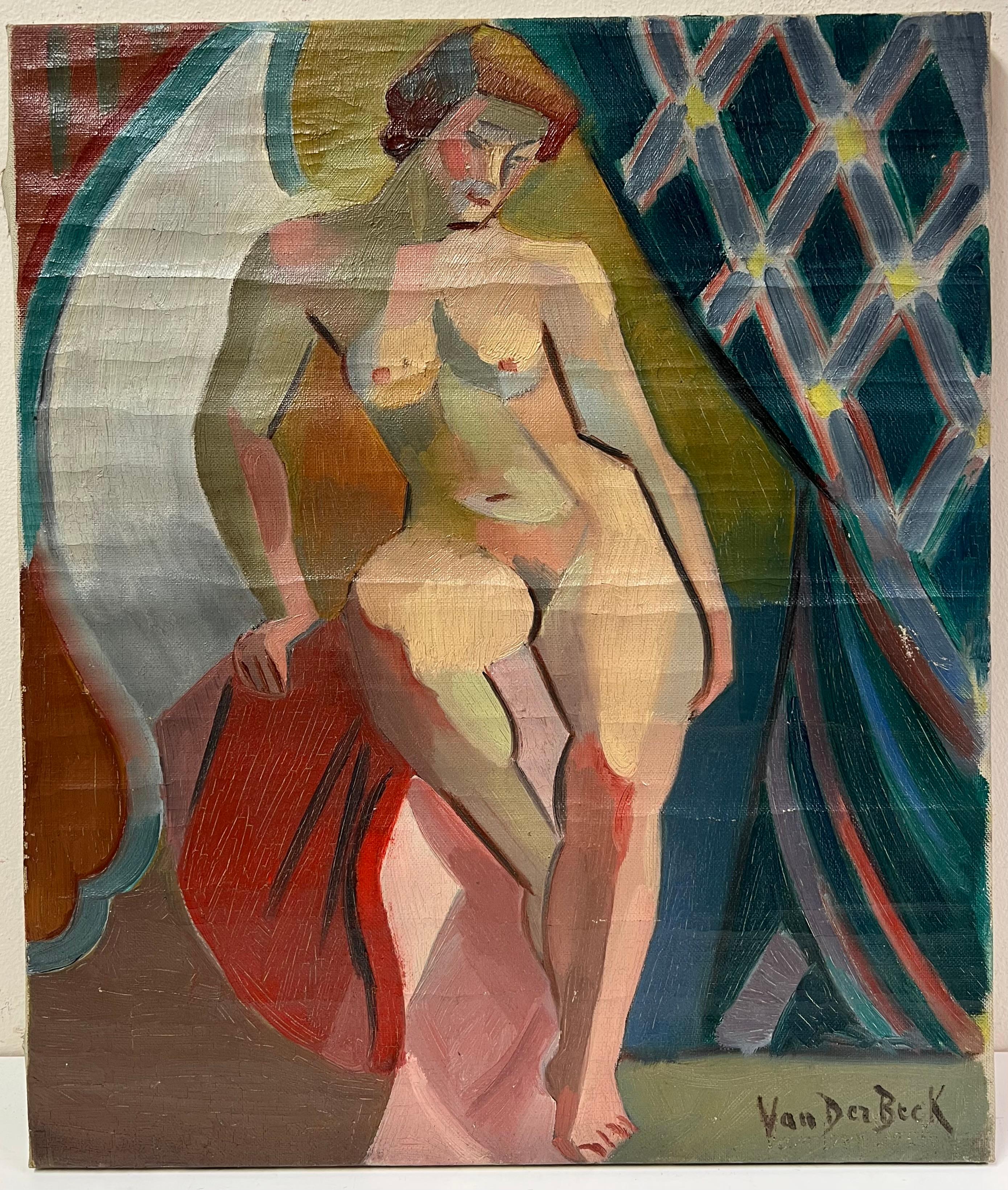 1930er Jahre Französisch Kubist signiert Öl Akt Dame (Kubismus), Painting, von Henri Van Der Beck