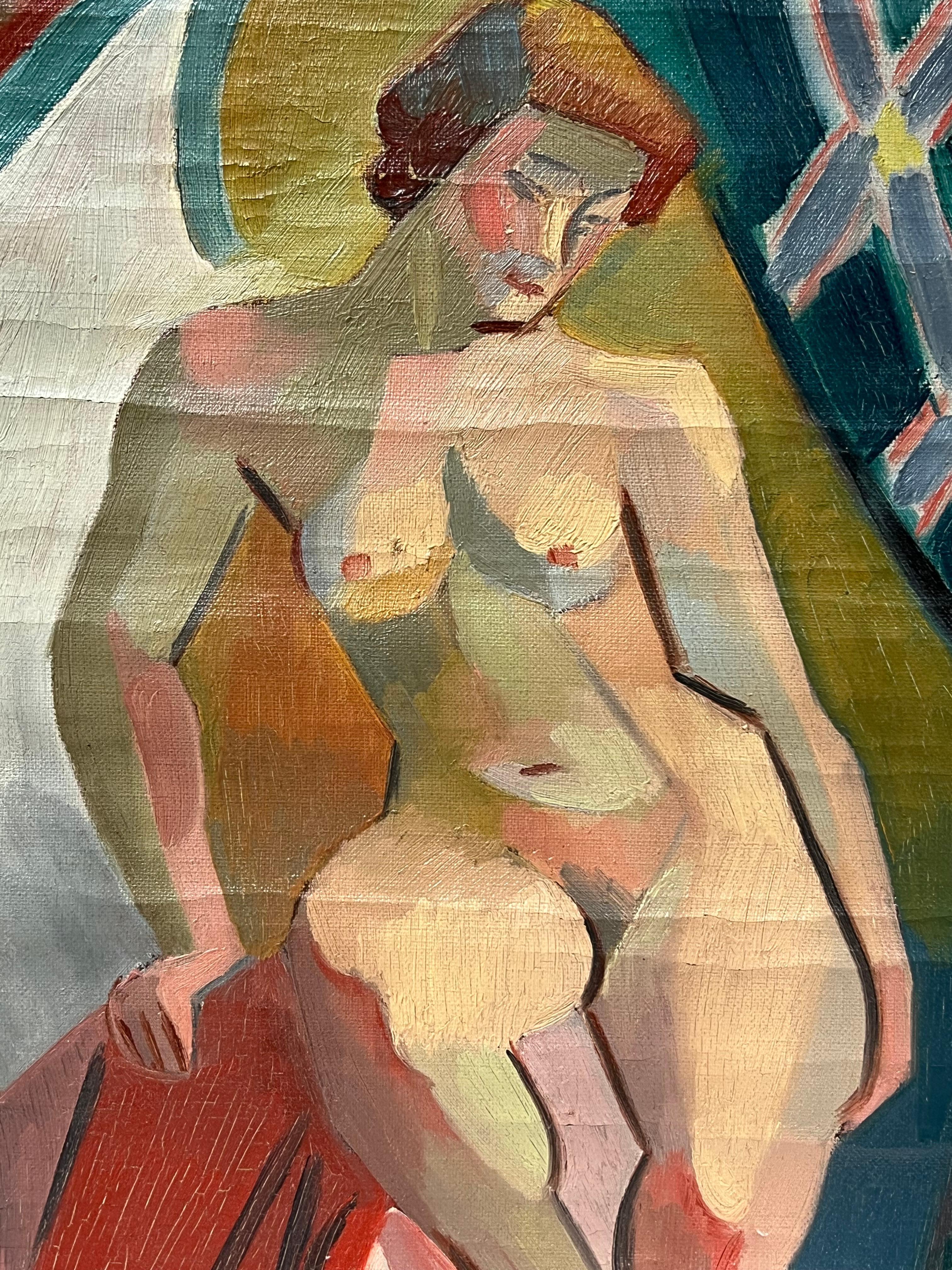 1930er Jahre Französisch Kubist signiert Öl Akt Dame (Braun), Nude Painting, von Henri Van Der Beck