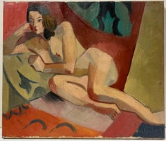 Mid Century French Cubist Signed Oil Painting Nude Lady in Interior