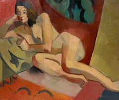 Mid Century French Cubist Signed Oil Painting Nude Lady in Interior