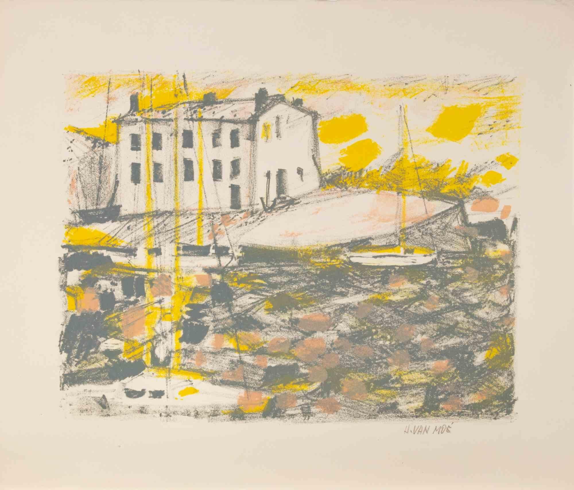 Henri Van Moe Landscape Print - Marine Landscape - Lithograph by Henri Van Hoe - Mid-20th Century